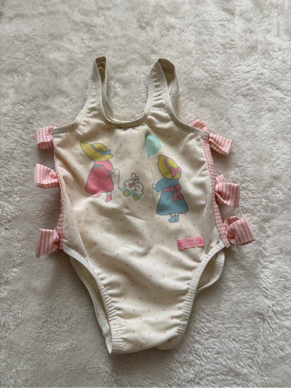 Vintage Absorba France Baby Swimsuit Polka Dot Bow Tie One Piece 3-6M